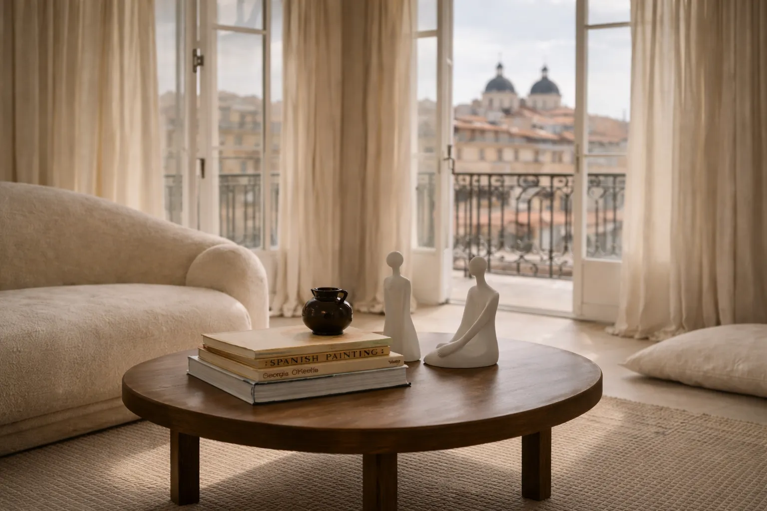 Calm, design-led short-term rental interior with city view